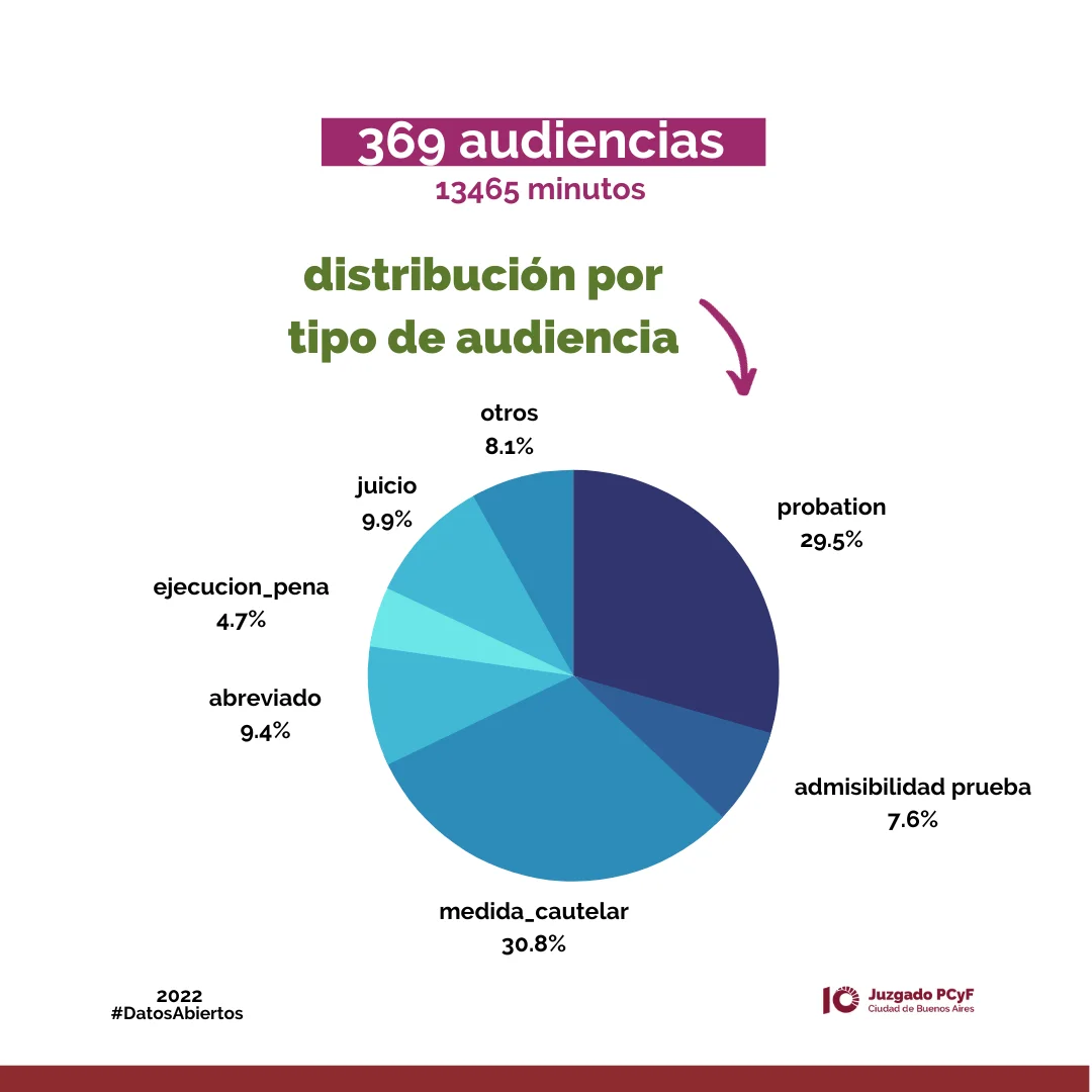 El gráfico muestra la distribución por tipo de audiencia: 29.5% probation, 30.8% medidas cautelares, 9.4% abreviado, 7.6% admisibilidad prueba, 4.7% ejecución de la pena, 9.9% juicios y un 8.1% otros temas
