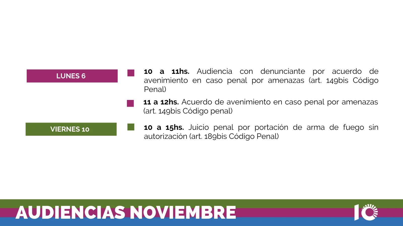 Imagen, lunes 6 de noviembre de 2023 de 10 a 11hs se realizara una audiencia con la denunciante por avenimiento, art 149bis codigo penal, 11 a 12 avenimiento por amenazas, viernes 10, 10 a 15 portacion de arma de fuego sin autorizacion